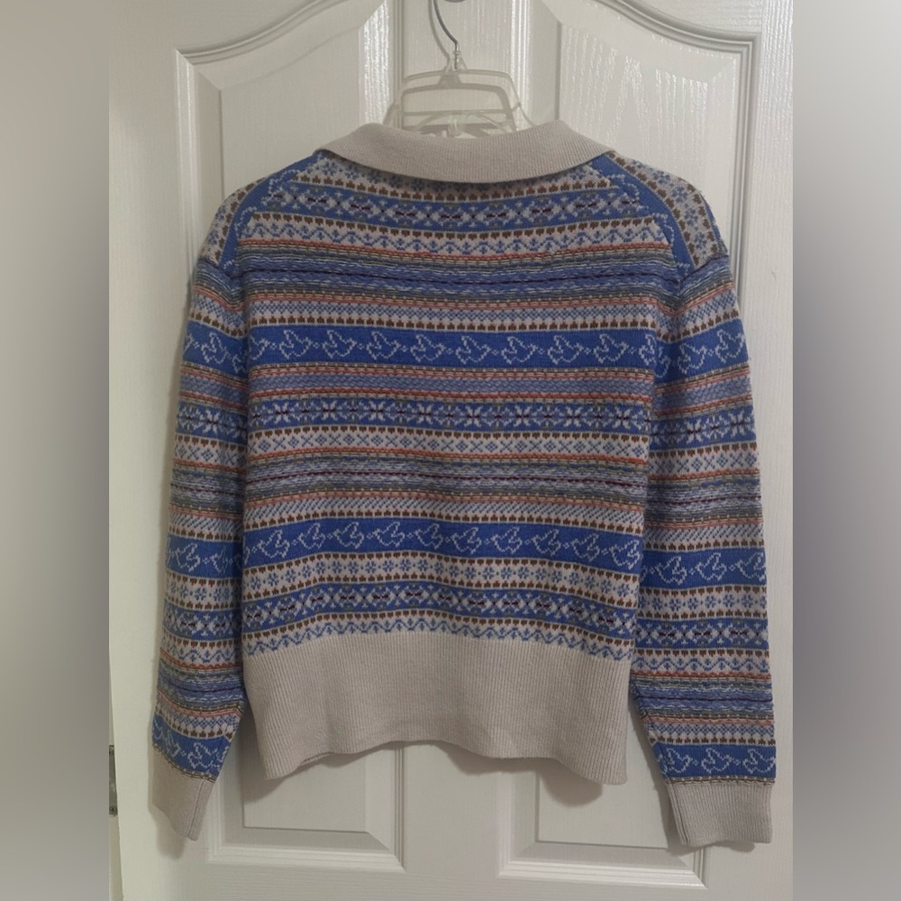 Women’s J.Crew Fair Isle Lambswool Blend Print Beige Collared Preppy Sweater‎ L. - Picture 8 of 8